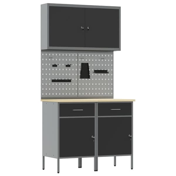 vidaXL 5-delt arbeidskabinetts- og pegboardsett svart MDF og metall