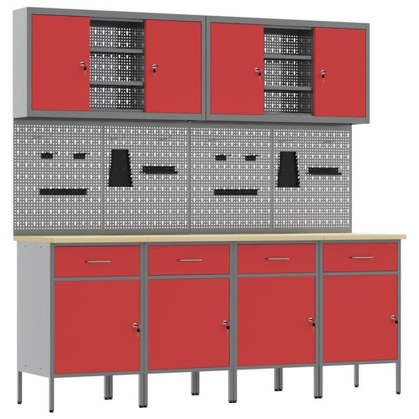 vidaXL 10-delt arbeidskabinet og pegboard sett i rød MDF og metall