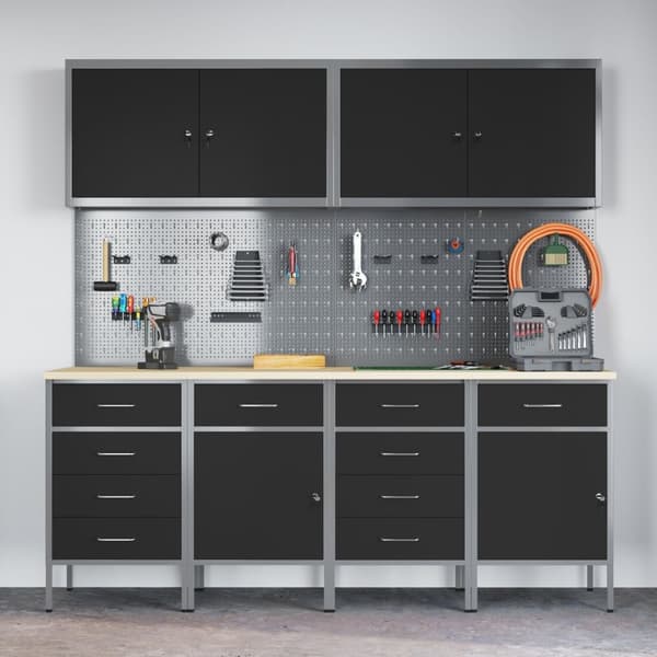 vidaXL 10-delt arbeidskabinet og pegboard-sett i svart MDF og metall