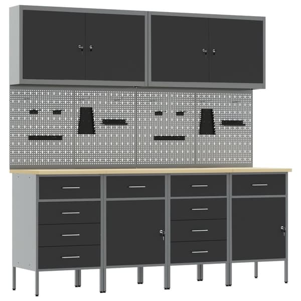 vidaXL 10-delt arbeidskabinet og pegboard-sett i svart MDF og metall