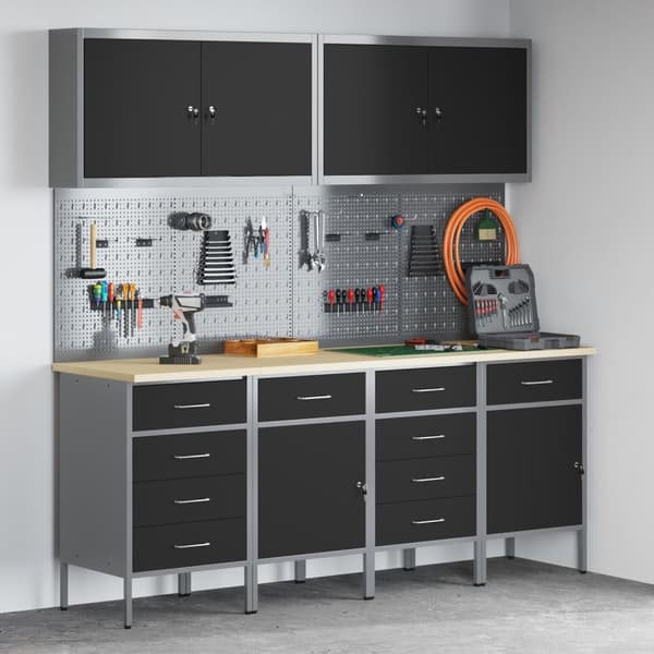 vidaXL 10-delt arbeidskabinet og pegboard-sett i svart MDF og metall