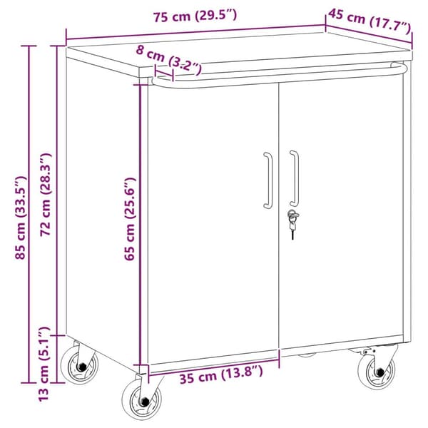 vidaXL Verktøykabinett med hjul og låsbar rød 75x45x85 cm Stål