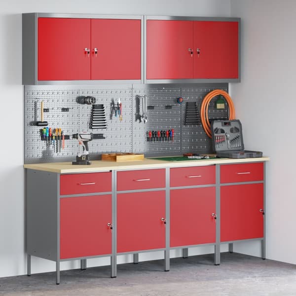 vidaXL 10 Delt Arbeidskabinet og Pegboard Sett Rød MDF og Metall