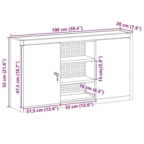 vidaXL Verktygsskåp Grå, Röd Stål 100 x 20 x 55 cm Väggskåp