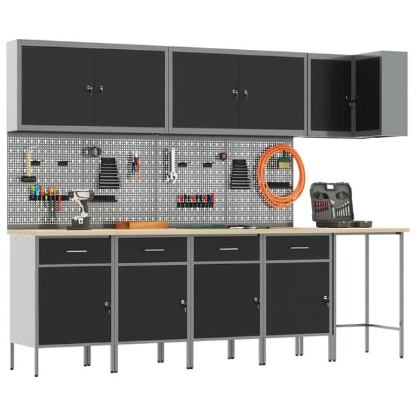 vidaXL 12-delt arbeidskabinet og pegboard-sett i svart MDF og metall