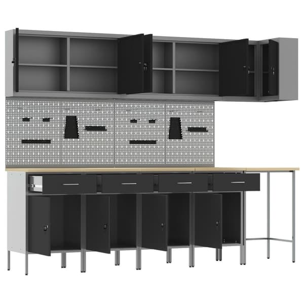 vidaXL 12-delt arbeidskabinet og pegboard-sett i svart MDF og metall