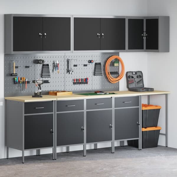 vidaXL 12-delt arbeidskabinet og pegboard-sett i svart MDF og metall