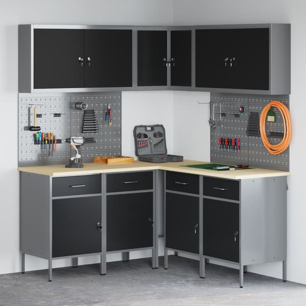 vidaXL 12-delt arbeidskabinet og pegboard-sett i svart MDF og metall