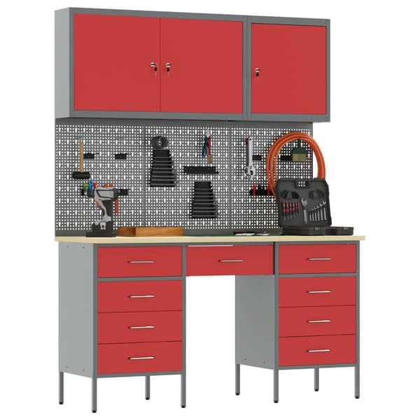 vidaXL 8 Deler Arbeidskabinet og Pegboard Sett Rød MDF og Metall