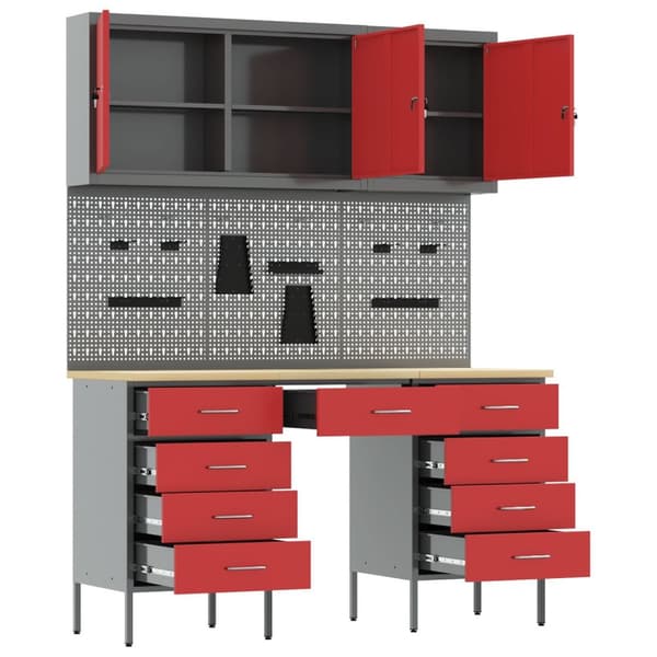 vidaXL 8 Deler Arbeidskabinet og Pegboard Sett Rød MDF og Metall