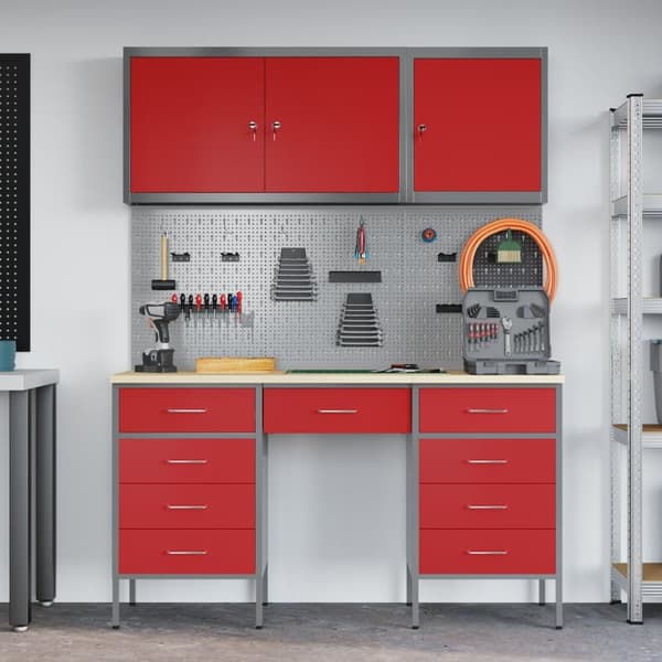 vidaXL 8 Deler Arbeidskabinet og Pegboard Sett Rød MDF og Metall