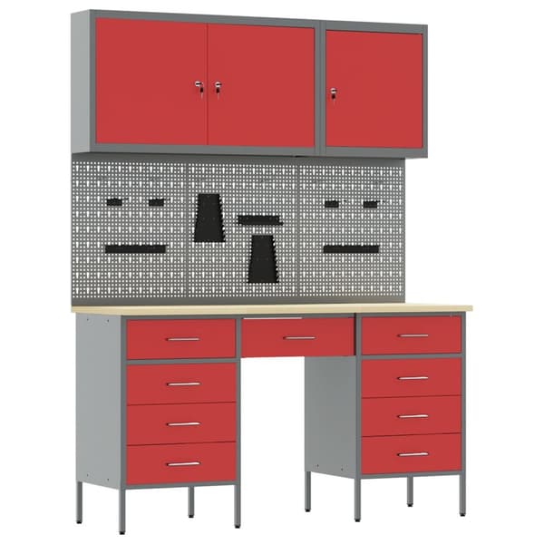 vidaXL 8 Deler Arbeidskabinet og Pegboard Sett Rød MDF og Metall