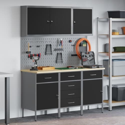 8-delars arbetskabinet och pegboard-set i svart MDF och metall