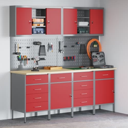 10-delars arbetsbänk och pegboard-set i röd MDF och metall