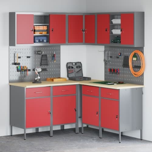 12-delars arbetskabinet och pegboard-set i röd MDF och metall