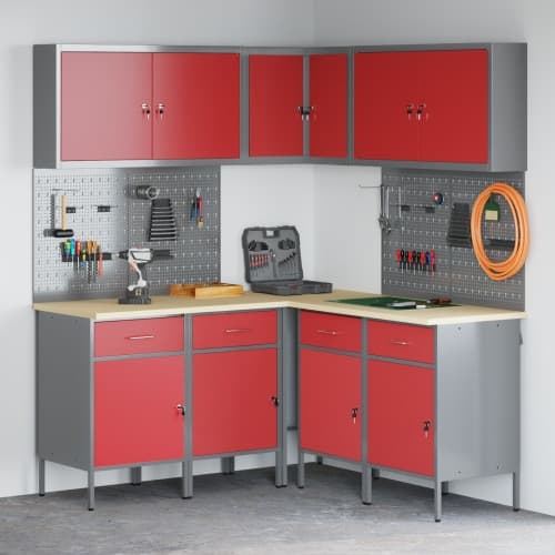 12-delars arbetskåp och pegboard-set i röd MDF och metall