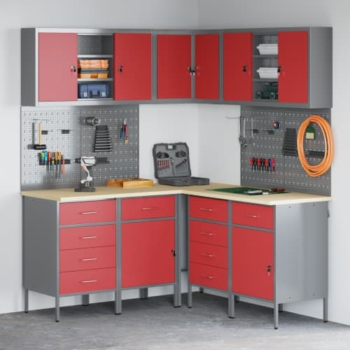 12-delars Arbetskåp och Pegboard Set Röd MDF och Metall