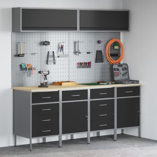 10-delars arbetskabinet och pegboard-set i svart MDF och metall