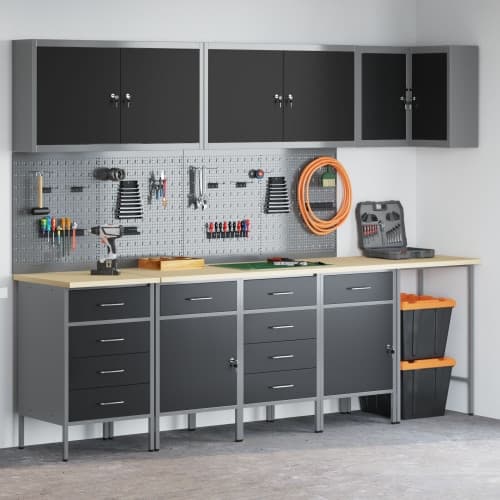 12-delars Arbetskabinetts- och Pegboard-set Svart MDF och Metall