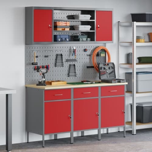 Arbetsbänk Set Set av 7 Röd och Grå Stål 150 x 55 x 200 cm