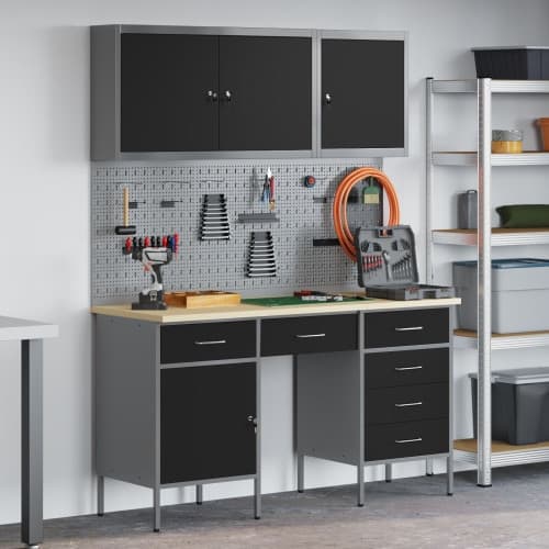 8-delars Arbetskabinet och Pegboard Set Svart MDF och Metall