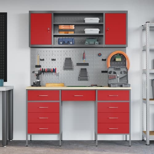 7-delars Arbetskabinet och Pegboard Set i Röd MDF och Metall
