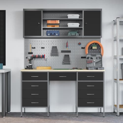7-delars arbetskabinet och pegboard-set i svart MDF och metall