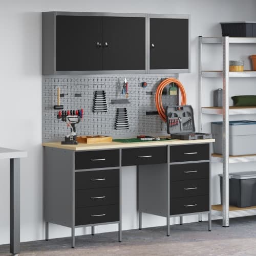 8 delar arbetsbänk och pegboard set svart MDF och metall