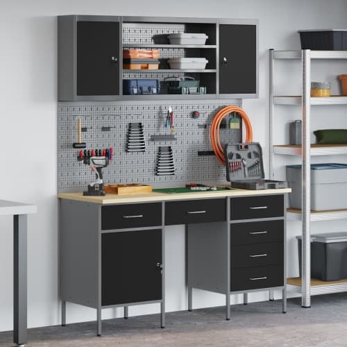 7-delars Arbetskabinet och Pegboard Set Svart MDF och Metall