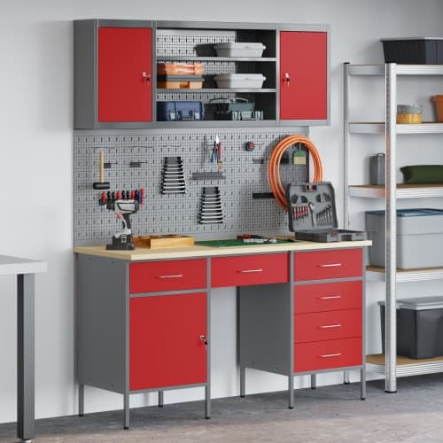7-delars arbetskabinett och pegboard-set i röd MDF och metall