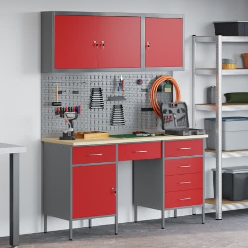 8-delars arbetskåp och pegboard-set röd MDF och metall
