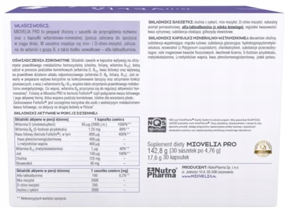 MIOVELIA PRO kvinnors fertilitet VITAMIN B JODLÖS KOLIN 30 påsar + 30 kapslar