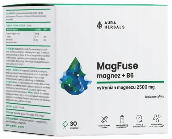 Aura Herbals MagFuse Magnesium + B6 vitamin B NERVSYSTEMTRÖTTHET 30 påsar