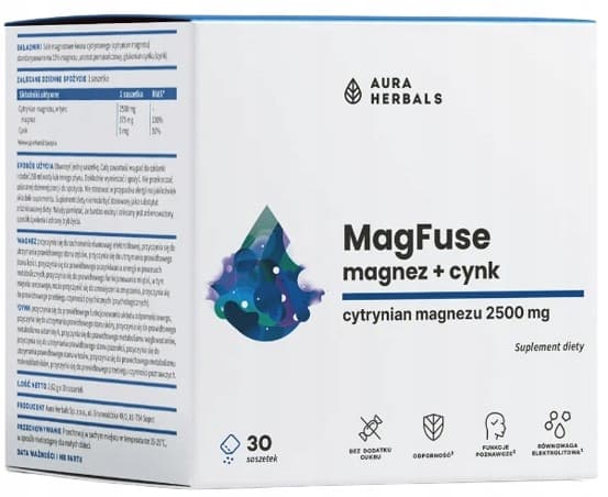 Aura Herbals MagFuse Magnesium + Zink IMMUNITETSSTRESSVÄCKNINGAR 30 påsar