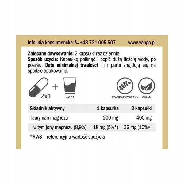 MAGNESIUMTAURIN 200 mg magnesium Yango 60 kapslar.