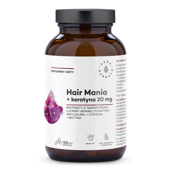 Aura Herbals Hair Mania + Keratin 20 mg BIOTIN NÄSSLA HÅR 120 kapslar