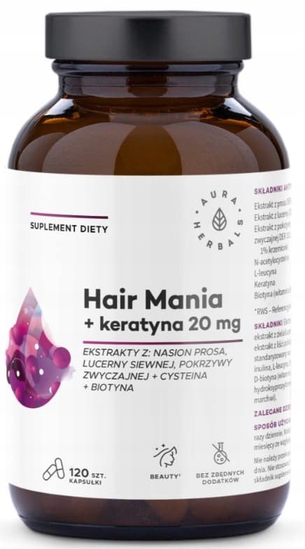 Aura Herbals Hair Mania + Keratin 20 mg BIOTIN NÄSSLA HÅR 120 kapslar