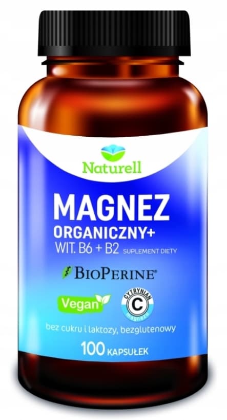 Naturell ORGANISK MAGNESIUM + VITAMIN B6 + B2 B-vitamin 100 kapslar.