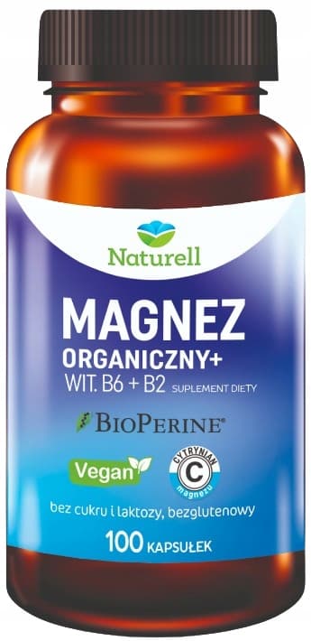 Naturell ORGANISK MAGNESIUM + VITAMIN B6 + B2 B-vitamin 100 kapslar.