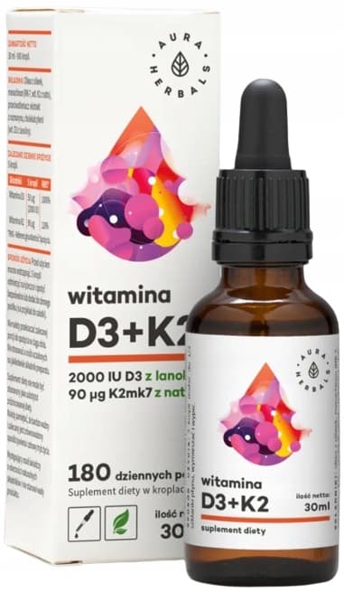 Aura Herbals vitamin D3 2000 + K2 MK7 90 uq BONES IMMUNITET droppar 30 ml