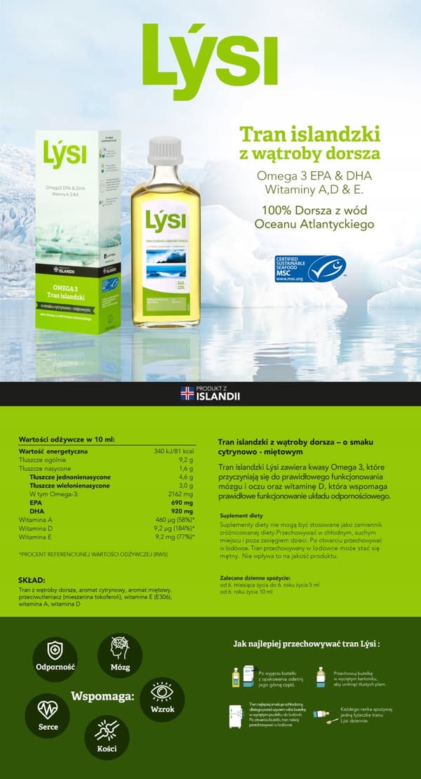 LYSI Islandsk torskelevertran med citron-myntesmag og omegasyrer 240 ml