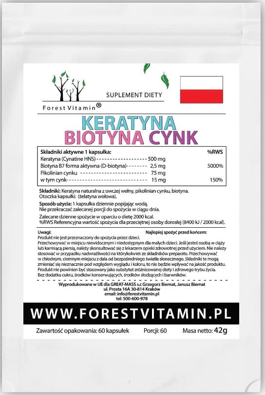 Skogsvitaminkeratin 500 mg + biotin 2,5 mg + zink 15 mg 60 kapslar