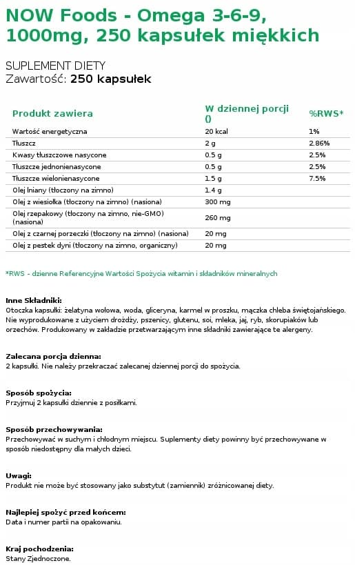 NOW FOODS Omega 3-6-9 1000 mg HJÄRTIMMUNITET 250 kapslar