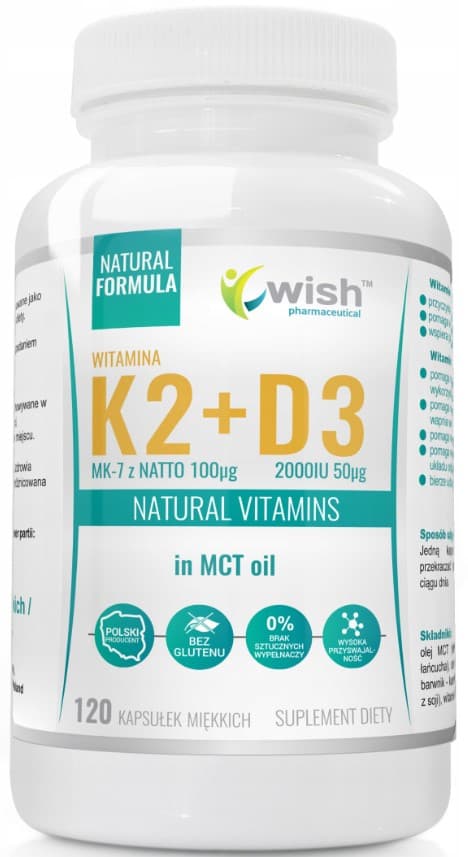 Wish Vitamin K2 MK-7 + Vitamin D3 i olja 2000 IE 120 kapslar
