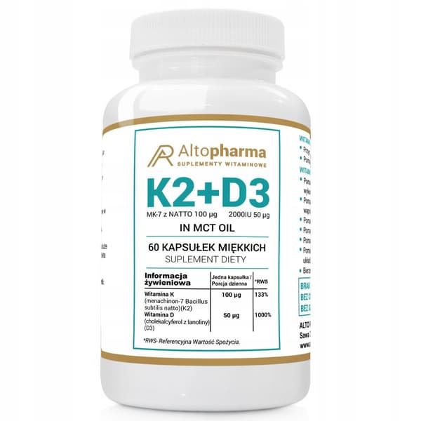 Altopharma Vitamin K2 100mcg + D3 50mcg 2000IU KOKOSOLJA MCT 60 kapslar.
