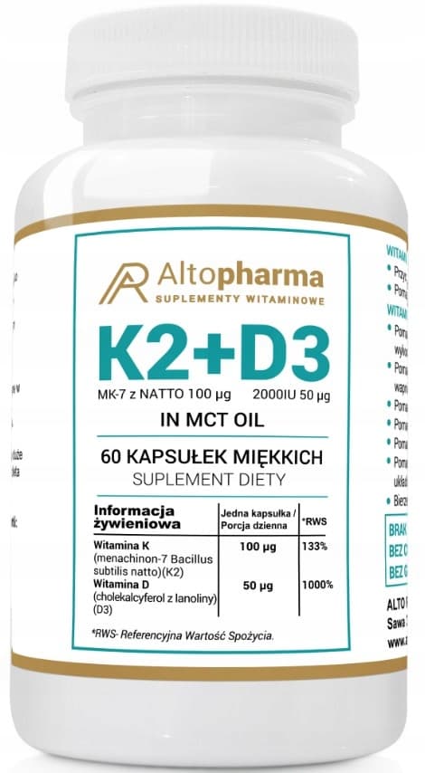 Altopharma Vitamin K2 100mcg + D3 50mcg 2000IU KOKOSOLJA MCT 60 kapslar.