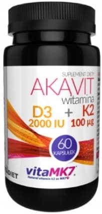 AKAVIT D3 2000 + K2 MK-7 100 uq vitamin DK BENIMMUNITET Vitadiet 60 kJ.
