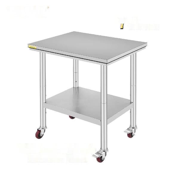 Rostfritt stål köksarbetsbord - Justerbar hylla, hjul, 130-160 kg bärförmåga