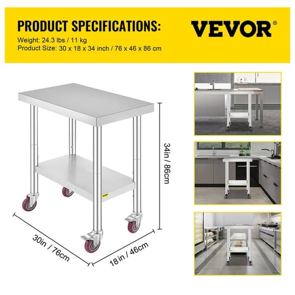 Rustfrit Stål Køkken Arbejdsbord - Justerbar Hylde, Rullehjul, 130-160 kg Belastningskapacitet 30 x 18 inch
