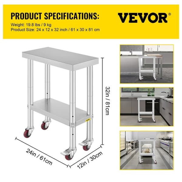 Ruostumaton Teräksinen Keittiötyöpöytä - Säädettävä Hylly, Pyörillä, 130-160 kg Kantavuus 24 x 12 inch
